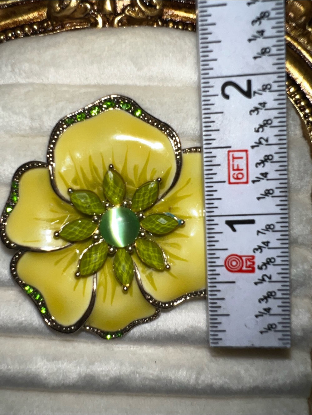 Vintage Liz Claiborne Yellow Enamel Flower Brooch Green Rhinestones Pin - Picture 6 of 7